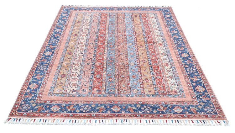 Traditional Hand Knotted Shaal Farhan Wool Rug of Size 5'6'' X 7'11'' in Multi and Blue Colors - Made in Afghanistan