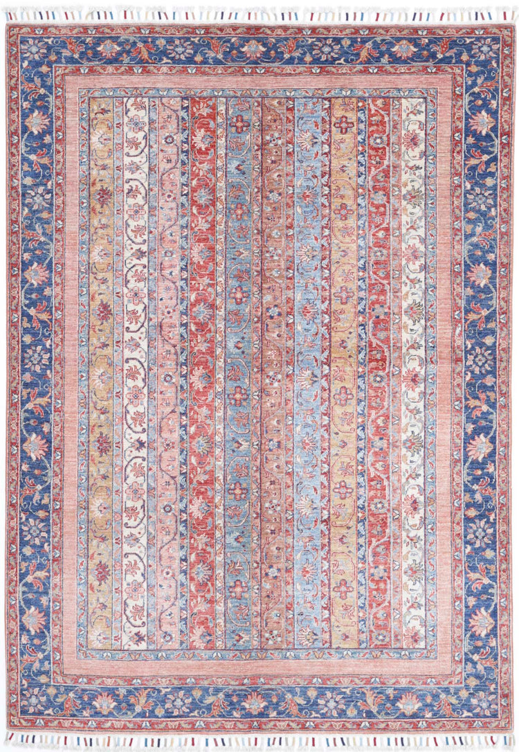 Traditional Hand Knotted Shaal Farhan Wool Rug of Size 5'6'' X 7'11'' in Multi and Blue Colors - Made in Afghanistan