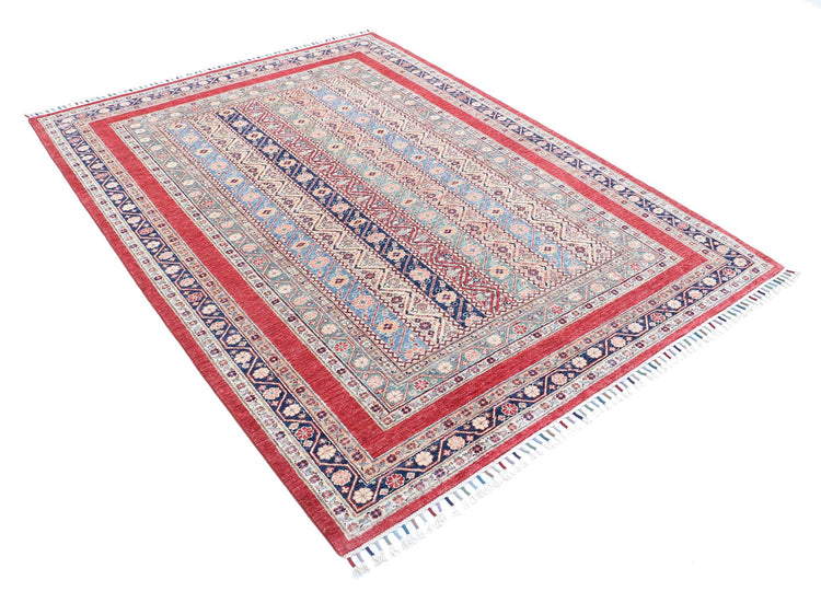 Traditional Hand Knotted Shaal Farhan Wool Rug of Size 5'8'' X 7'7'' in Red and Blue Colors - Made in Afghanistan