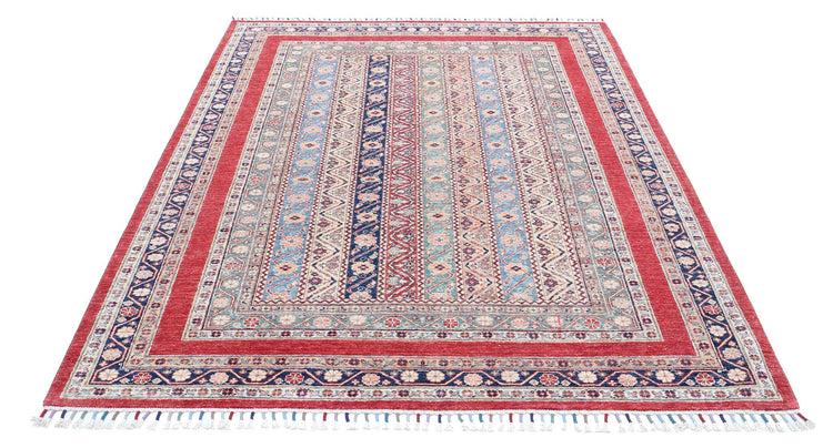 Traditional Hand Knotted Shaal Farhan Wool Rug of Size 5'8'' X 7'7'' in Red and Blue Colors - Made in Afghanistan