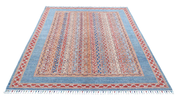 Traditional Hand Knotted Shaal Farhan Wool Rug of Size 5'7'' X 7'9'' in Teal and Red Colors - Made in Afghanistan
