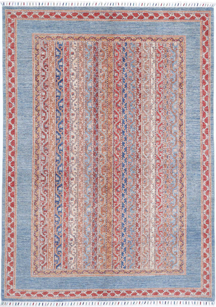 Traditional Hand Knotted Shaal Farhan Wool Rug of Size 5'7'' X 7'9'' in Teal and Red Colors - Made in Afghanistan