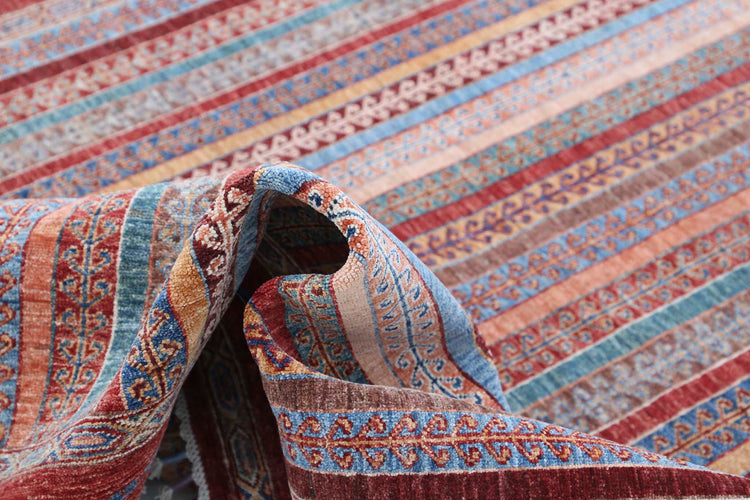 Traditional Hand Knotted Shaal Farhan Wool Rug of Size 5'6'' X 7'9'' in Red and Blue Colors - Made in Afghanistan