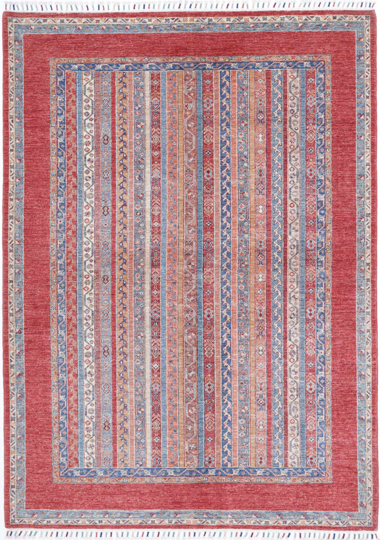 Traditional Hand Knotted Shaal Farhan Wool Rug of Size 5'9'' X 7'9'' in Red and Multi Colors - Made in Afghanistan