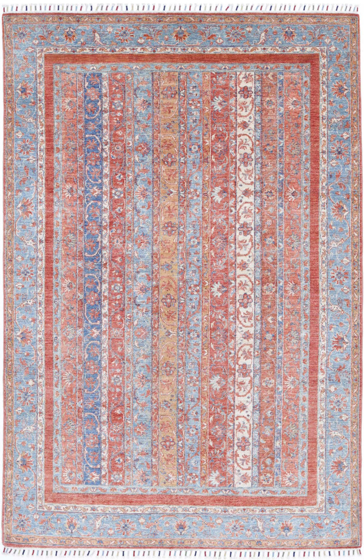 Traditional Hand Knotted Shaal Farhan Wool Rug of Size 5'5'' X 8'4'' in Multi and Teal Colors - Made in Afghanistan