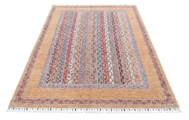 Traditional Hand Knotted Shaal Farhan Wool Rug of Size 4'9'' X 7'2'' in Gold and Multi Colors - Made in Afghanistan