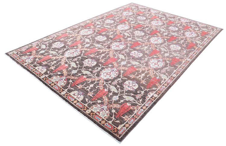 Traditional Hand Knotted Suzani Farhan Wool Rug of Size 6'6'' X 9'9'' in Brown and Ivory Colors - Made in Afghanistan