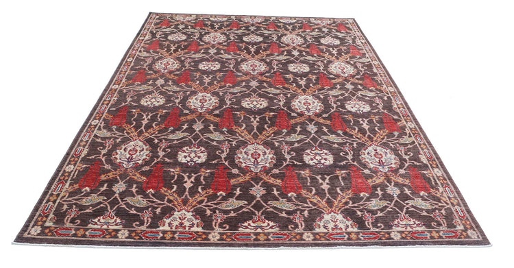 Traditional Hand Knotted Suzani Farhan Wool Rug of Size 6'6'' X 9'9'' in Brown and Ivory Colors - Made in Afghanistan