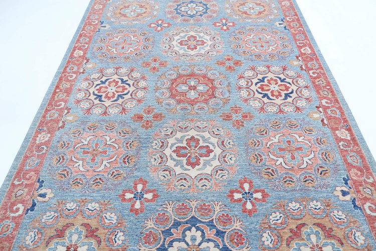 Traditional Hand Knotted Suzani Farhan Wool Rug of Size 6'5'' X 9'6'' in Teal and Red Colors - Made in Afghanistan