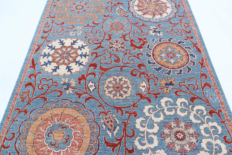 Traditional Hand Knotted Suzani Farhan Wool Rug of Size 5'8'' X 7'9'' in Teal and Red Colors - Made in Afghanistan