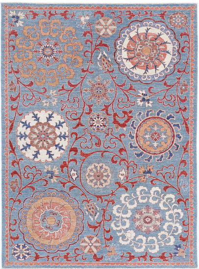 Traditional Hand Knotted Suzani Farhan Wool Rug of Size 5'8'' X 7'9'' in Teal and Red Colors - Made in Afghanistan