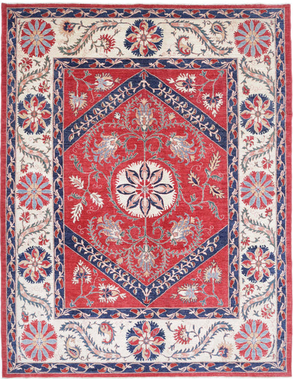 Traditional Hand Knotted Suzani Farhan Wool Rug of Size 7'6'' X 10'0'' in Red and Ivory Colors - Made in Afghanistan
