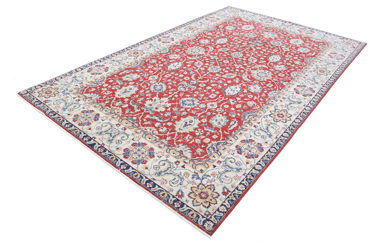 Traditional Hand Knotted Ziegler Farhan Wool Rug of Size 6'7'' X 10'9'' in Red and Ivory Colors - Made in Afghanistan