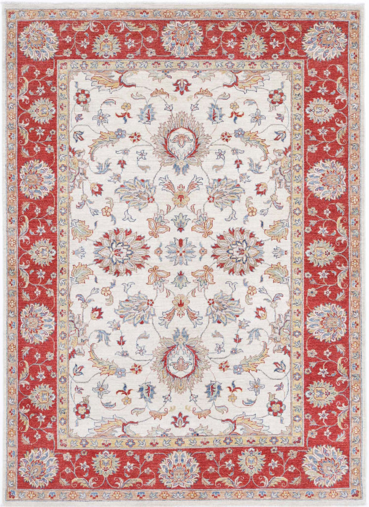 Traditional Hand Knotted Ziegler Farhan Wool Rug of Size 5'6'' X 7'9'' in Ivory and Red Colors - Made in Afghanistan