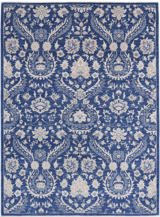 Transitional Hand Knotted Artemix Farhan Wool Rug of Size 5'7'' X 7'8'' in Blue and Ivory Colors - Made in Afghanistan