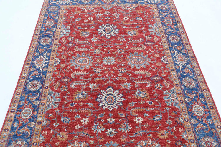Traditional Hand Knotted Ziegler Farhan Wool Rug of Size 4'9'' X 6'7'' in Red and Blue Colors - Made in Afghanistan