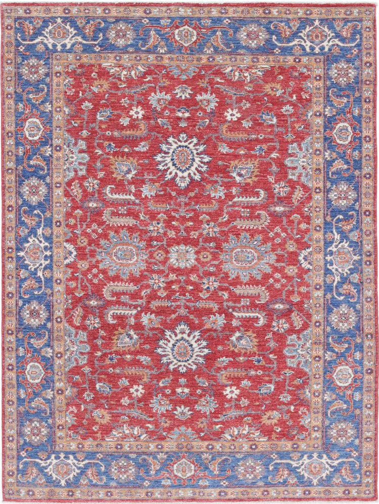 Traditional Hand Knotted Ziegler Farhan Wool Rug of Size 4'9'' X 6'7'' in Red and Blue Colors - Made in Afghanistan