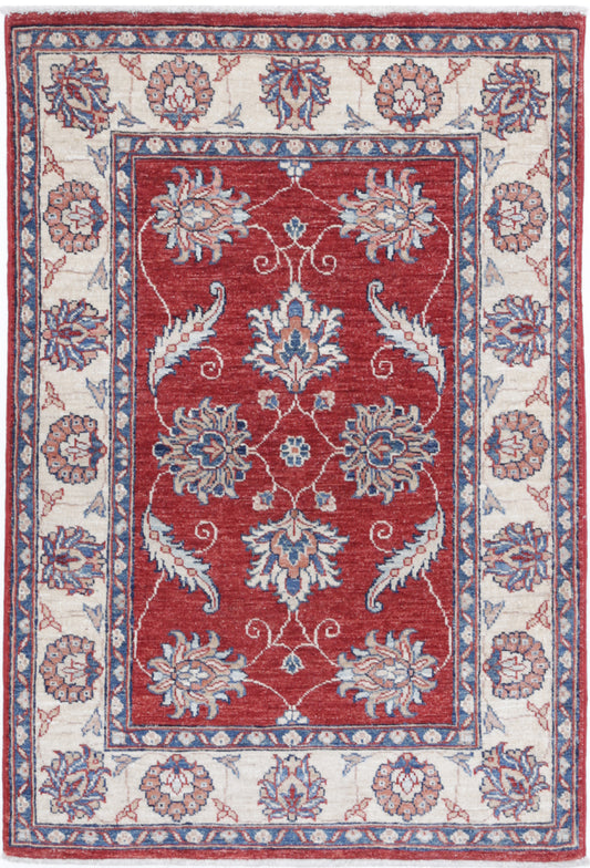 Traditional Hand Knotted Ziegler Farhan Wool Rug of Size 2'8'' X 3'10'' in Red and Ivory Colors - Made in Afghanistan