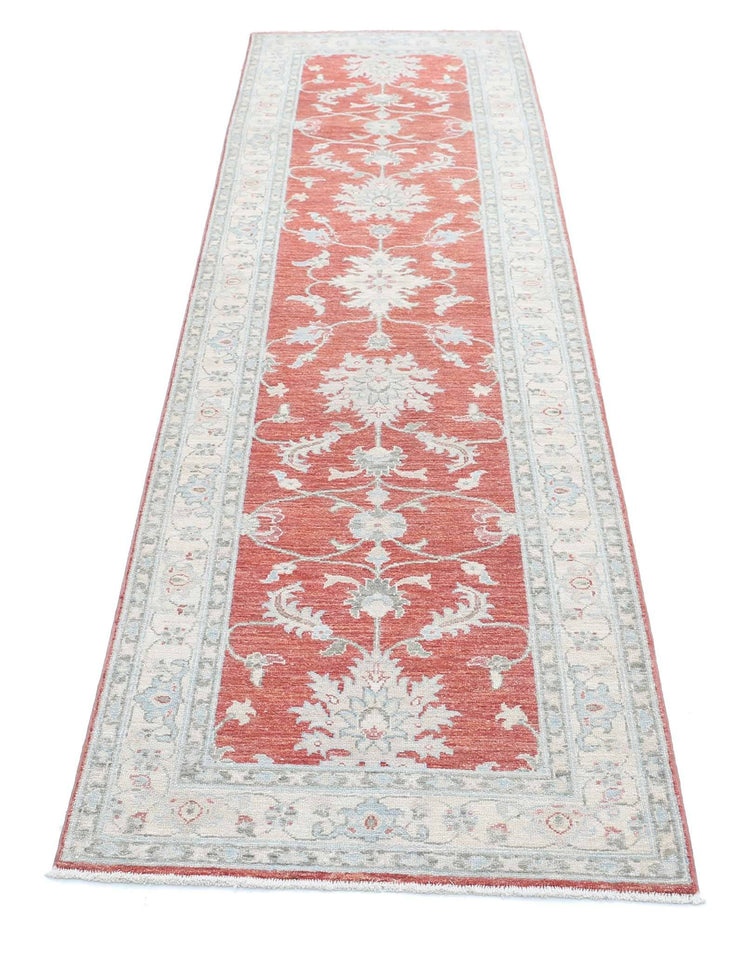 Traditional Hand Knotted Ziegler Farhan Wool Rug of Size 2'8'' X 9'7'' in Red and Ivory Colors - Made in Afghanistan