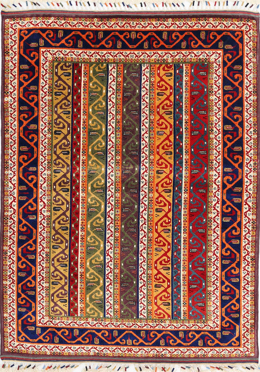 Traditional Hand Knotted Shaal Farhan Wool Rug of Size 4'5'' X 6'3'' in Multi and Multi Colors - Made in Afghanistan
