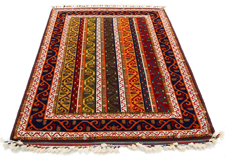 Traditional Hand Knotted Shaal Farhan Wool Rug of Size 4'6'' X 6'4'' in Multi and Multi Colors - Made in Afghanistan