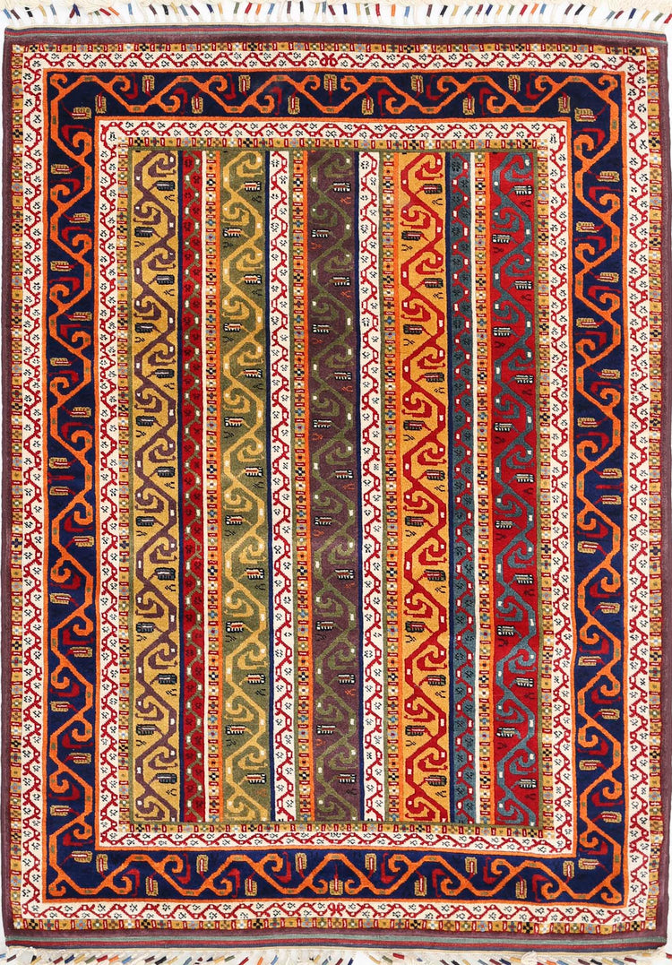 Traditional Hand Knotted Shaal Farhan Wool Rug of Size 4'6'' X 6'4'' in Multi and Multi Colors - Made in Afghanistan
