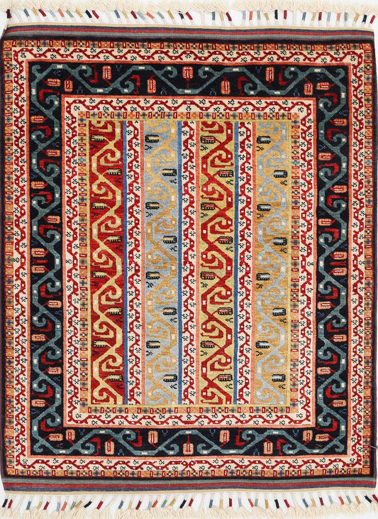 Traditional Hand Knotted Shaal Farhan Wool Rug of Size 3'2'' X 4'0'' in Multi and Multi Colors - Made in Afghanistan