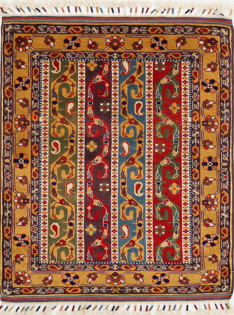 Traditional Hand Knotted Shaal Farhan Wool Rug of Size 3'2'' X 4'1'' in Multi and Multi Colors - Made in Afghanistan