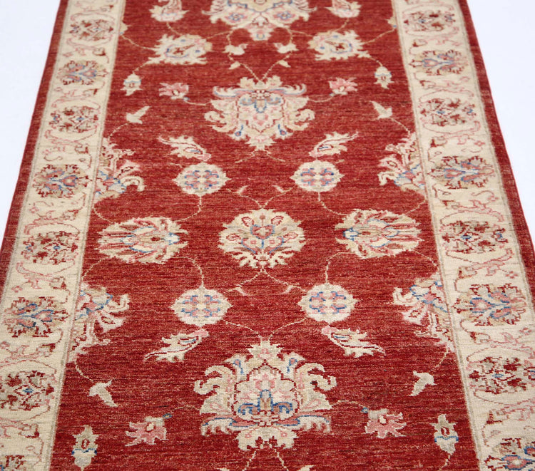Traditional Hand Knotted Ziegler Farhan Wool Rug of Size 2'8'' X 7'4'' in Red and Ivory Colors - Made in Afghanistan
