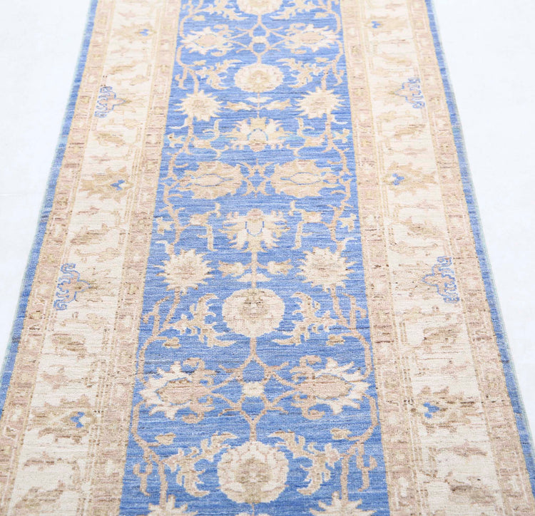 Traditional Hand Knotted Ziegler Farhan Wool Rug of Size 2'7'' X 8'1'' in Blue and Ivory Colors - Made in Afghanistan