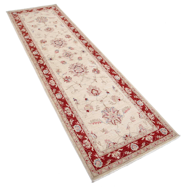 Traditional Hand Knotted Ziegler Farhan Wool Rug of Size 2'7'' X 8'7'' in Ivory and Red Colors - Made in Afghanistan