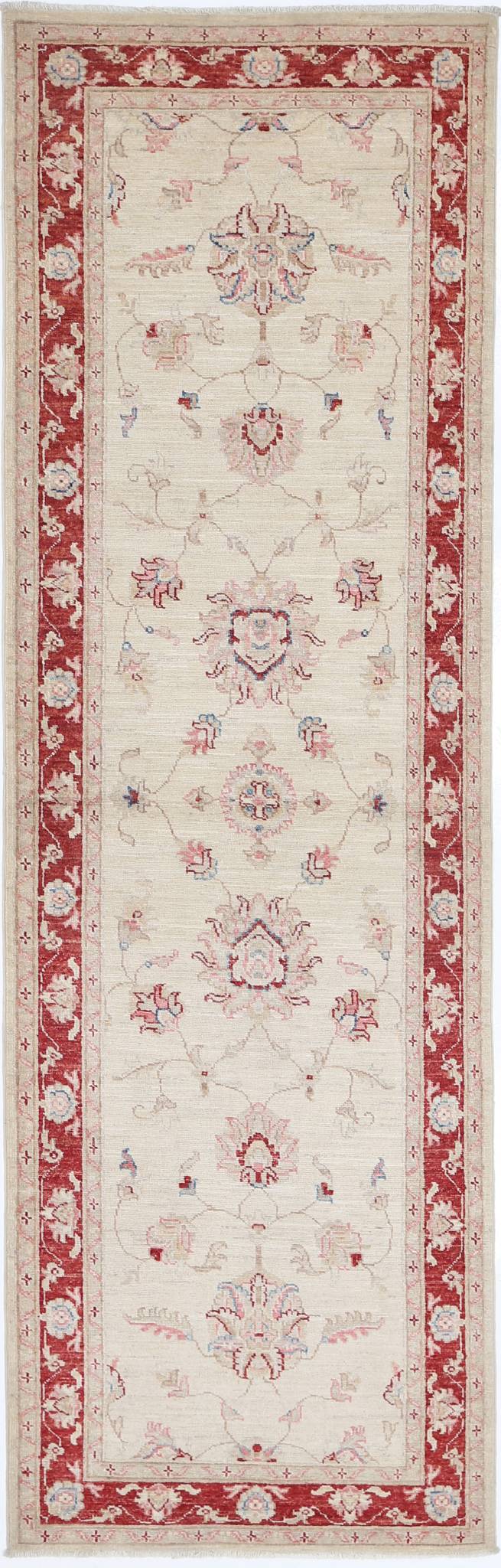 Traditional Hand Knotted Ziegler Farhan Wool Rug of Size 2'7'' X 8'7'' in Ivory and Red Colors - Made in Afghanistan