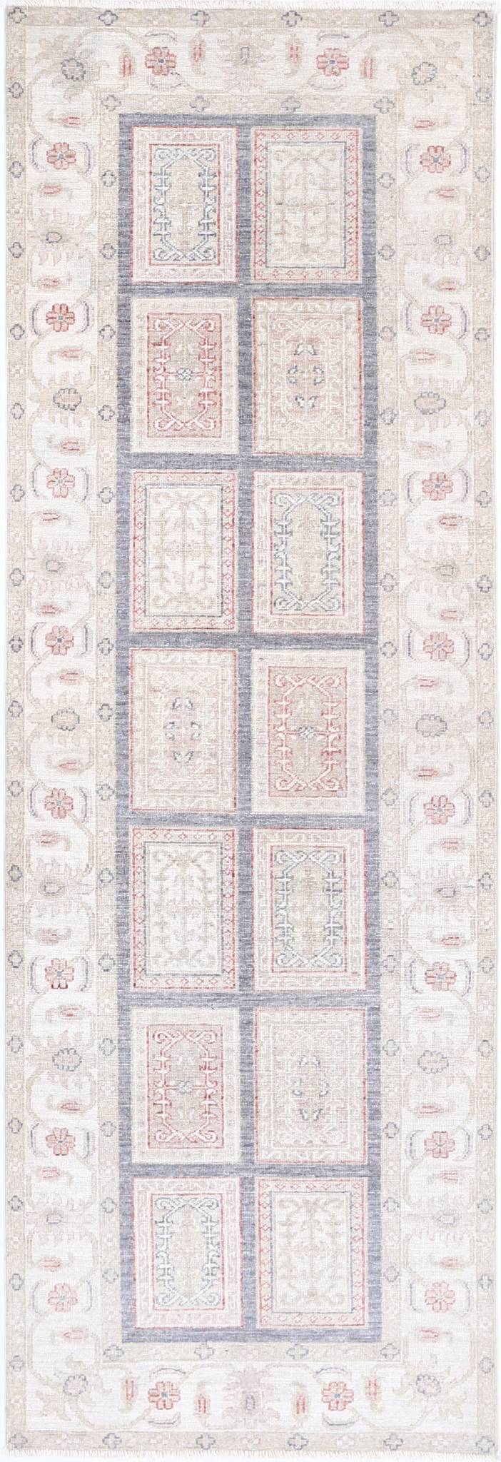 Traditional Hand Knotted Serenity Farhan Wool Rug of Size 2'7'' X 8'0'' in Grey and Ivory Colors - Made in Afghanistan