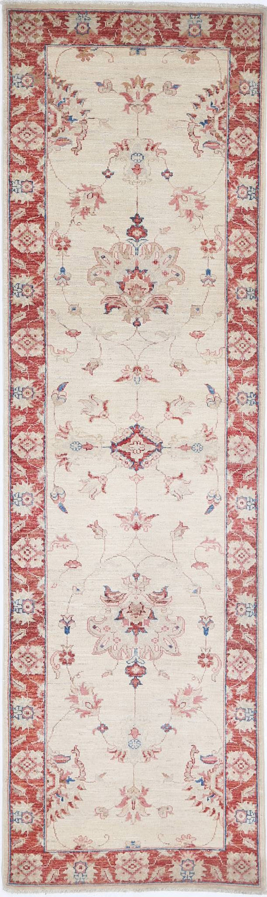 Traditional Hand Knotted Ziegler Farhan Wool Rug of Size 2'5'' X 8'7'' in Ivory and Red Colors - Made in Afghanistan