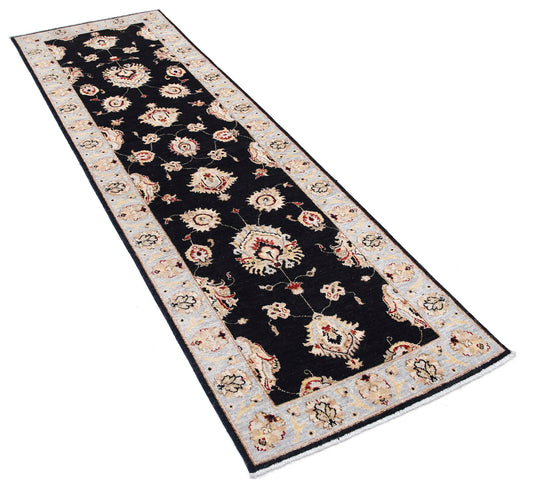 Traditional Hand Knotted Ziegler Farhan Wool Rug of Size 2'7'' X 8'0'' in Black and Grey Colors - Made in Afghanistan