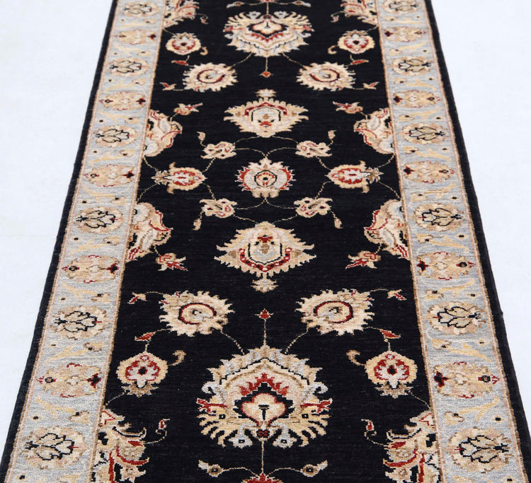 Traditional Hand Knotted Ziegler Farhan Wool Rug of Size 2'7'' X 8'0'' in Black and Grey Colors - Made in Afghanistan