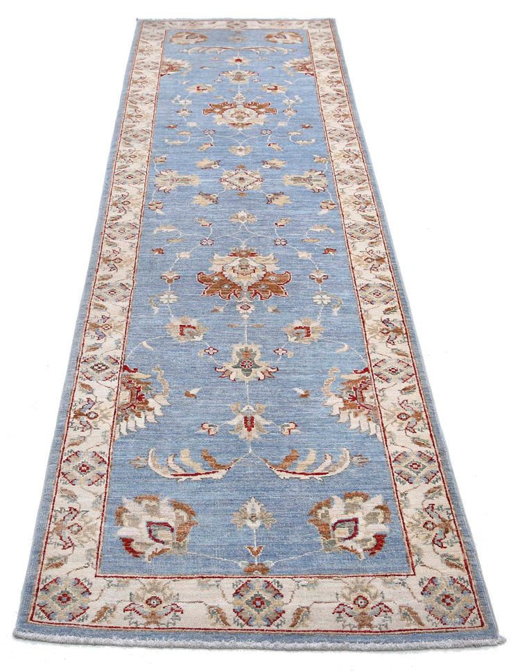 Traditional Hand Knotted Ziegler Farhan Wool Rug of Size 2'8'' X 12'6'' in Blue and Ivory Colors - Made in Afghanistan