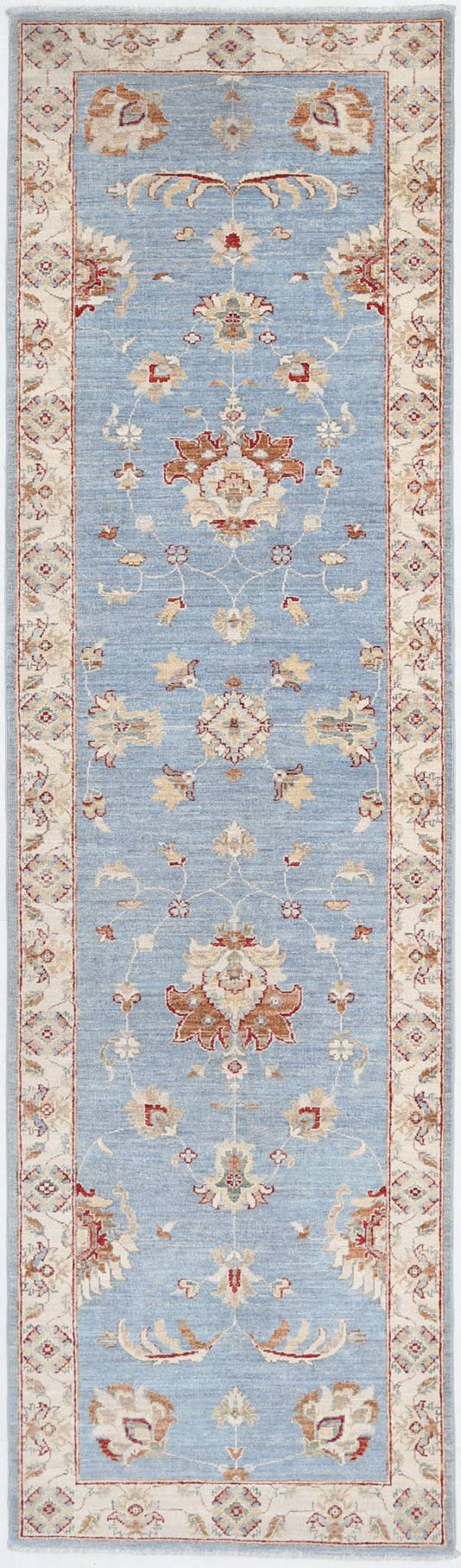 Traditional Hand Knotted Ziegler Farhan Wool Rug of Size 2'8'' X 12'6'' in Blue and Ivory Colors - Made in Afghanistan