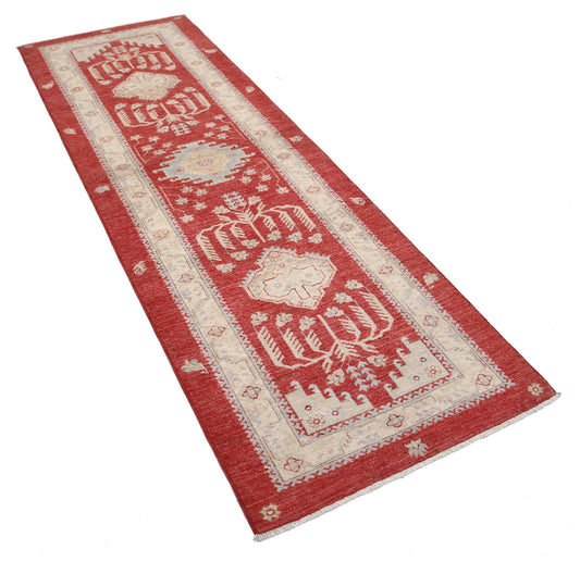 Traditional Hand Knotted Ziegler Farhan Wool Rug of Size 2'7'' X 8'2'' in Red and Red Colors - Made in Afghanistan