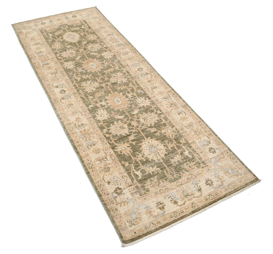Traditional Hand Knotted Ziegler Farhan Wool Rug of Size 2'5'' X 6'5'' in Green and Ivory Colors - Made in Afghanistan
