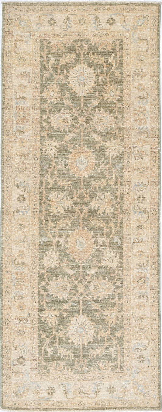 Traditional Hand Knotted Ziegler Farhan Wool Rug of Size 2'5'' X 6'5'' in Green and Ivory Colors - Made in Afghanistan
