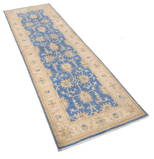 Traditional Hand Knotted Ziegler Farhan Wool Rug of Size 2'7'' X 8'0'' in Blue and Ivory Colors - Made in Afghanistan