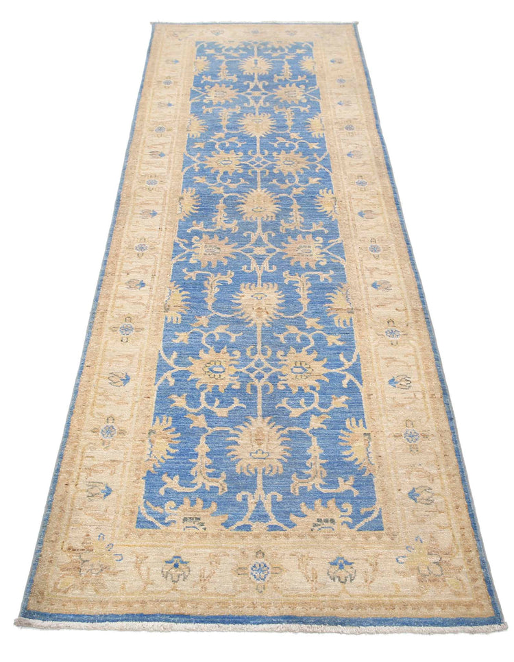 Traditional Hand Knotted Ziegler Farhan Wool Rug of Size 2'7'' X 8'0'' in Blue and Ivory Colors - Made in Afghanistan