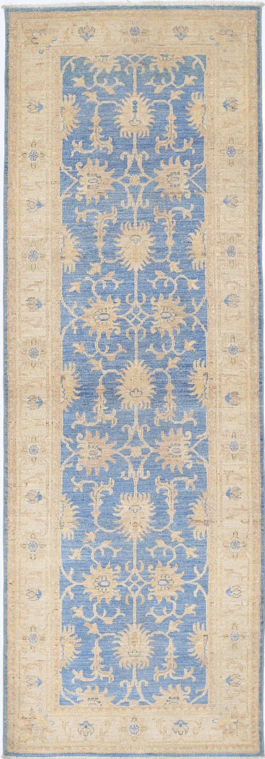 Traditional Hand Knotted Ziegler Farhan Wool Rug of Size 2'7'' X 8'0'' in Blue and Ivory Colors - Made in Afghanistan