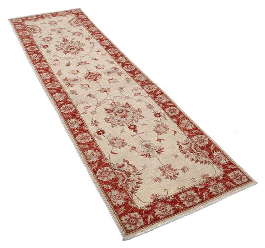 Traditional Hand Knotted Ziegler Farhan Wool Rug of Size 2'6'' X 8'4'' in Ivory and Red Colors - Made in Afghanistan