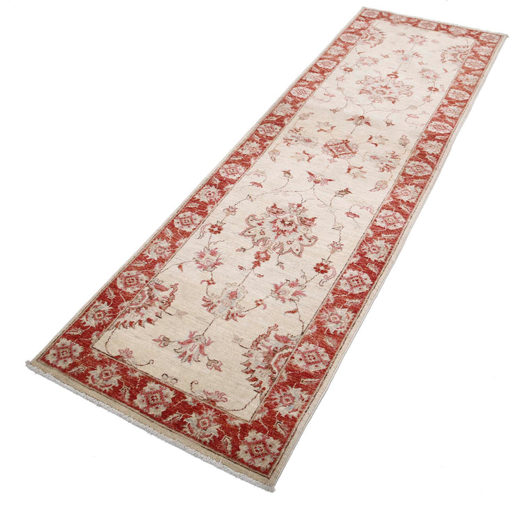 Traditional Hand Knotted Ziegler Farhan Wool Rug of Size 2'6'' X 8'4'' in Ivory and Red Colors - Made in Afghanistan