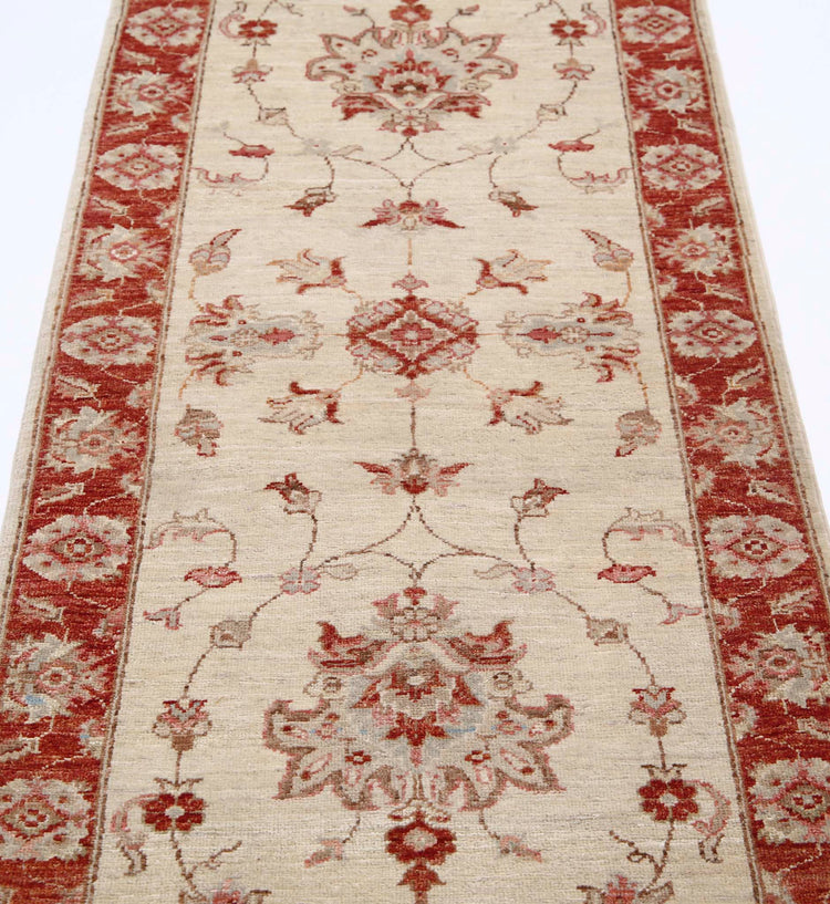 Traditional Hand Knotted Ziegler Farhan Wool Rug of Size 2'6'' X 8'4'' in Ivory and Red Colors - Made in Afghanistan