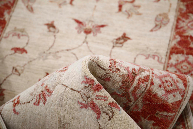 Traditional Hand Knotted Ziegler Farhan Wool Rug of Size 2'6'' X 8'4'' in Ivory and Red Colors - Made in Afghanistan