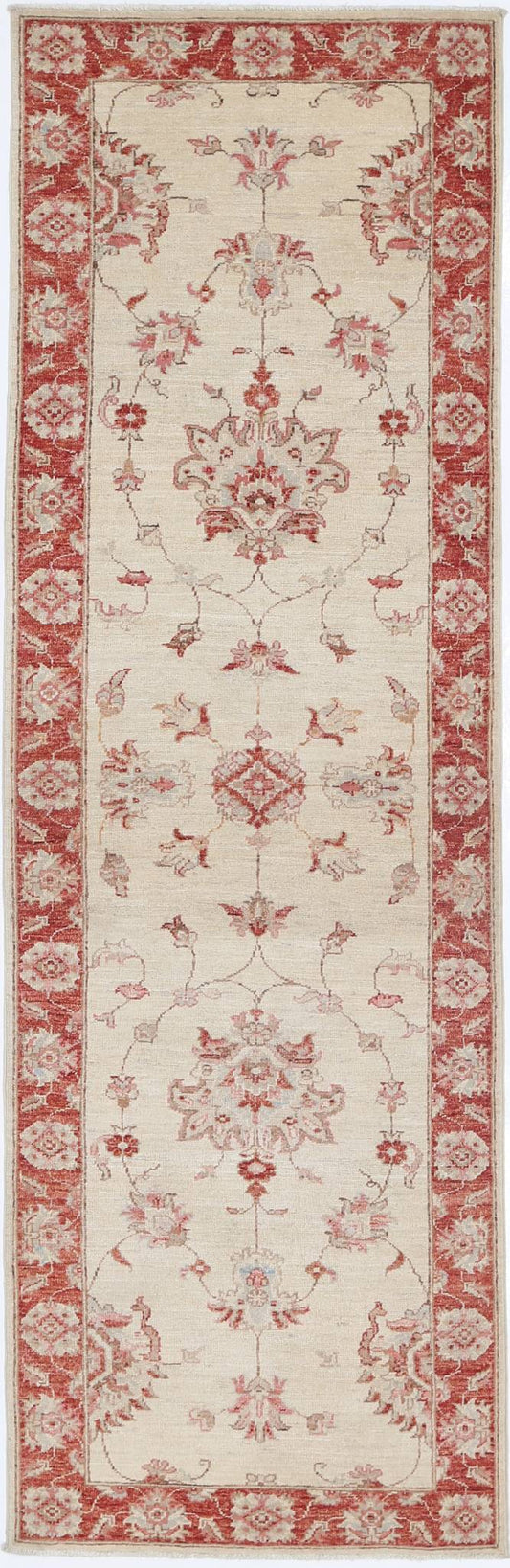 Traditional Hand Knotted Ziegler Farhan Wool Rug of Size 2'6'' X 8'4'' in Ivory and Red Colors - Made in Afghanistan