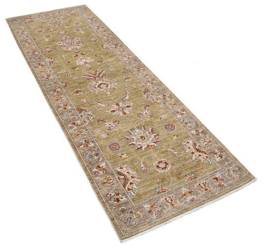 Traditional Hand Knotted Ziegler Farhan Wool Rug of Size 2'6'' X 7'4'' in Green and Brown Colors - Made in Afghanistan